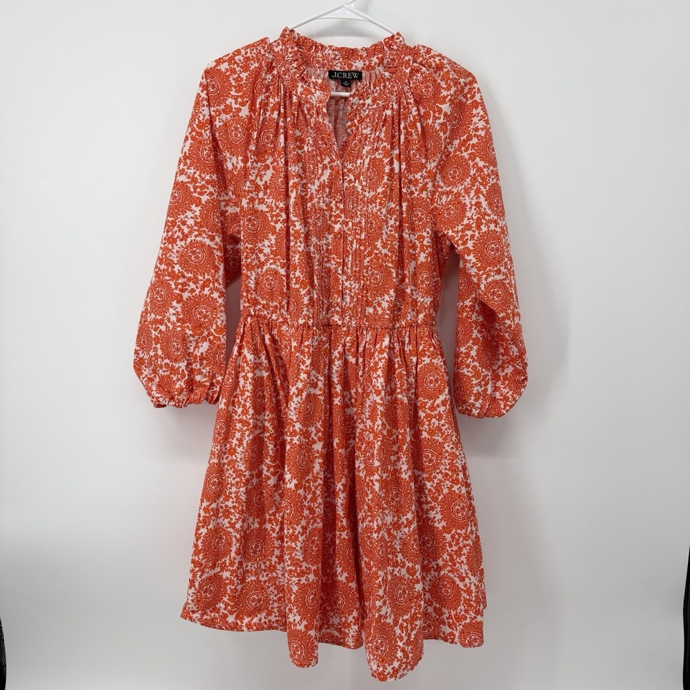 J. Crew Ruffle Collar Mini Dress Size Medium Orange Poplin Floral Pockets